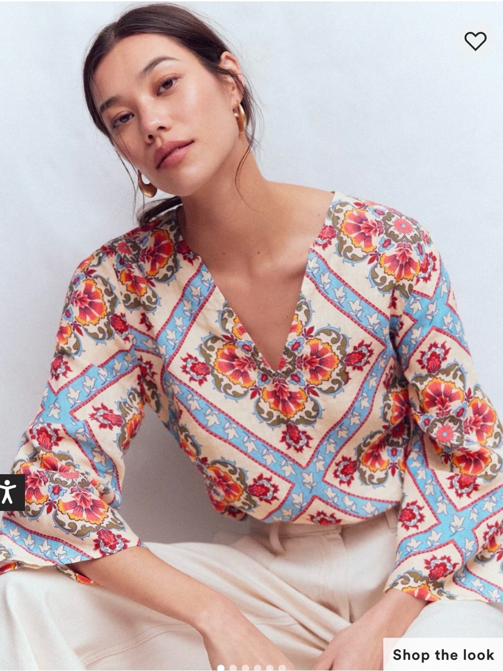 Boden Cleo Linen Top Floral Tile Print Pink Blue White Size 12